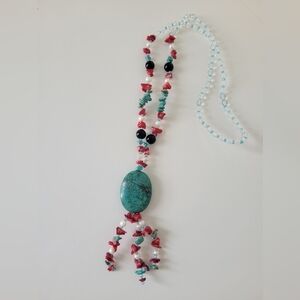 Turquoise and Coral Beaded Necklace 18" Long